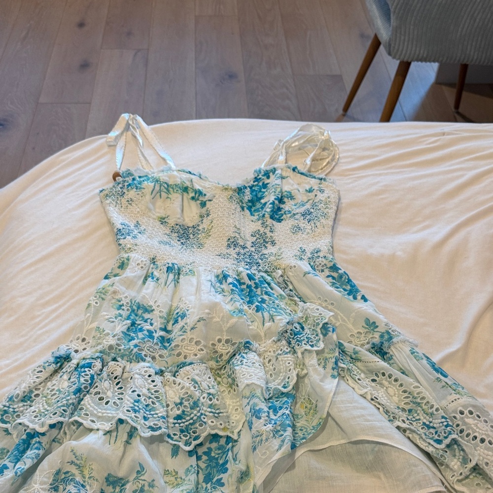 LoveShackFancy Blue and White Floral Mini Dress